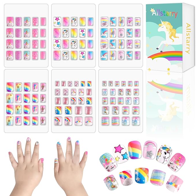 Allstarry 6 pack Children Nails Press on Pre-glue Full Cover Glitter Unicorn Rainbow Star Short False Nail Kits Lovely Gift for Children Little Girls Nail Art Decoration - Neon Unicorn