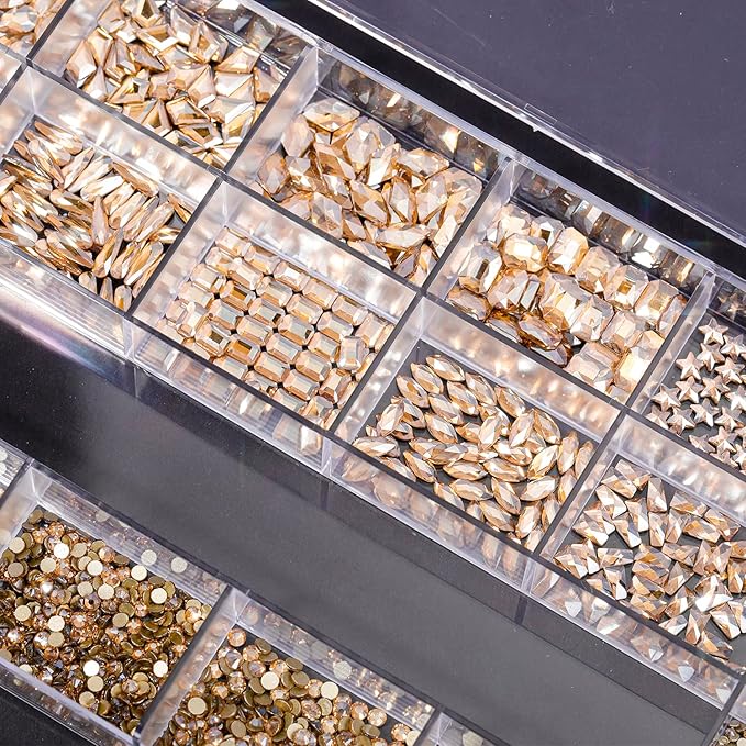 Nail Rhinestones - 4300pcs Champagne Gold, Multiple Shape Gems, Flat Back Rhinestones, with Kit and Glue Gel, for Nail Art