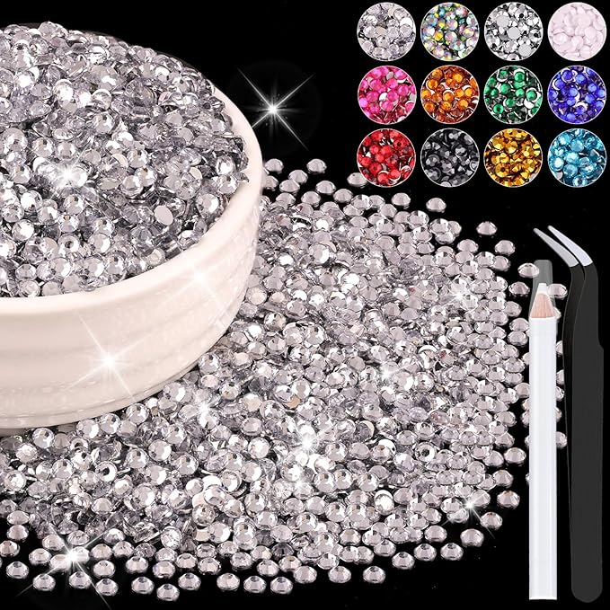 8000PCS 3mm Resin Rhinestones Bulk for Crafting (Clear), Flatback Bedazzling Crystals for Crafts DIY Nail Decoration, Gems Charms for Tumbler Shoes Clothing Fabric with Pickup Pen and Tweezers