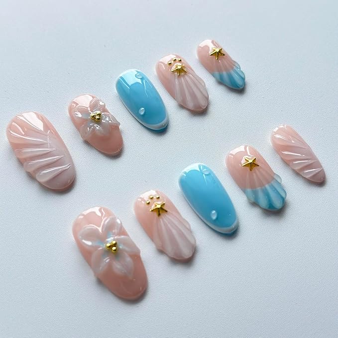 Luxury Press on Nails Short Almond Handmade 3D Unique Reusable ABS Material Fake Nails Summer French Tip False Nails with Designs Flower Shell Blue Glossy Glue on Nails Thick Acrylic Nails(S)
