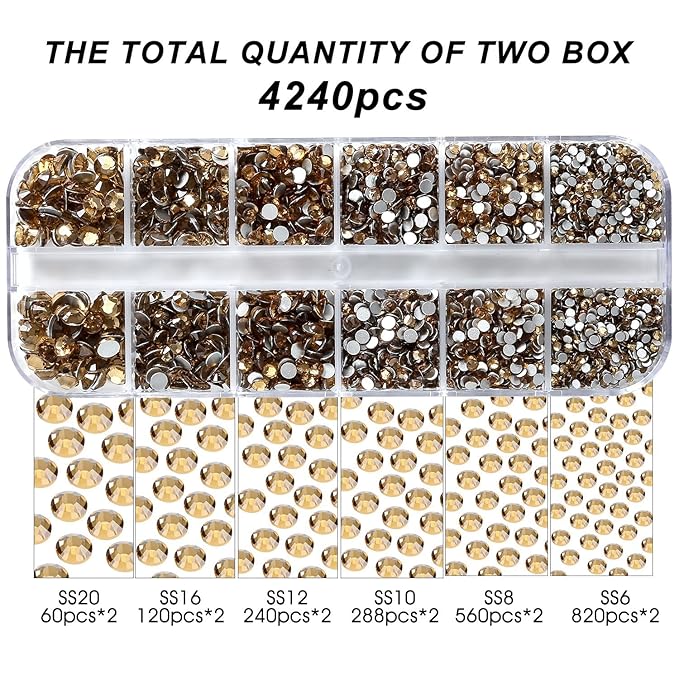 4240Pcs Brown Flatback Rhinestones 6 Sizes Crystal Diamonds for Nail Art Crafts Clothes Shoes with Tweezers and Picking Pen