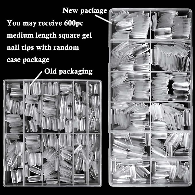 LoveOurHome 600pc Medium Square Fake Nail Tips, Clear Press on Nails Square Acrylic Nail Full Cover False Fake Nails Medium Soft Gel Nail Tips Artificial Fingernails for Gel Nail Extension