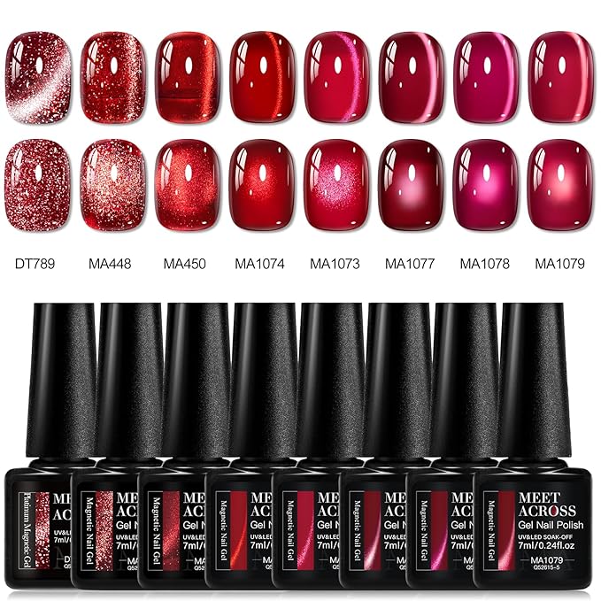 MEET ACROSS 9Pcs Glitter Red Cat Eye Gel Nail Polish Burgundy Red Cateye Gel Polish Magnetic Nail Polish with Magnet Bloody Mary Series Sparkle Red Manicure DIY Gifts 8 Colors