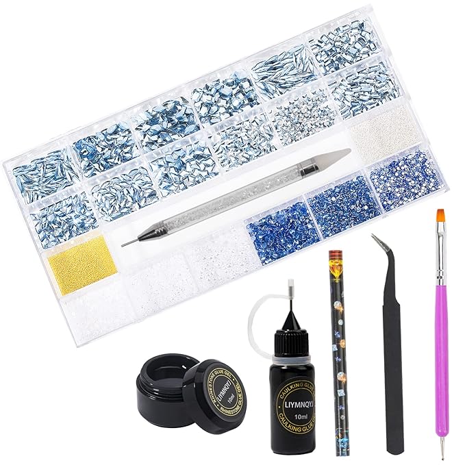 Nail Rhinestones Kit 9080PCS Flatback Rhinestones for Nail Crystals Decoration Nail Hearts Multi Shapes Mix Size and Metal Beads Pearl Gold Silver with Glue Gel and Pen Brush Tweezers(Light Blue)