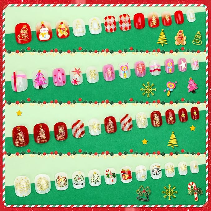 JANYUN 96 Pcs Christmas Fake Nails,Gilded Design Press on Nails for Pre-glue Full Cover Short False Nails Christmas Birthday Gift