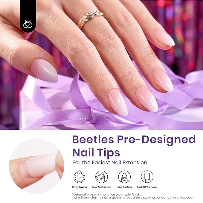 Beetles Ombre Press On Nails 224 Pcs Short Almond Ombre Pink Gel Nail Tips 4 in 1 Press On Nails Pre-Applied Primer and Base Coat, No File Need DIY Manicure Easy False Nail Tips for Nail Extension