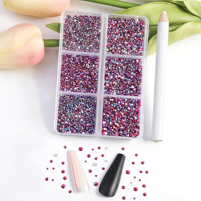 Beadsland 7200pcs Flatback Rhinestones, Light Red AB Rhinestone Nail Gems Round Crystal Rhinestones for Crafts,Mixed 6 Sizes with Wax Pencil Kit, SS3-SS10, Light Siam AB