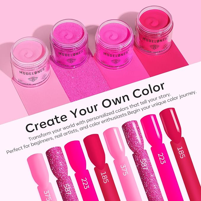 Modelones Dip Powder Nail Kit, 4 Colors Hot Pink Rose Glitter Dipping Starter Set with Liquid and Complete Accessories for French Nails Art Salon DIY at Home Manicure
