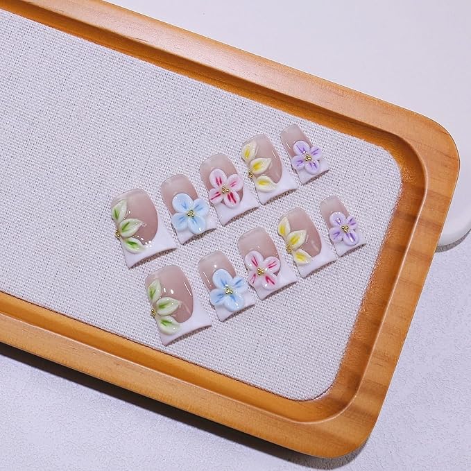 Short Duck Press on Nails Colorful 3D Flower False Nails Designs White French Tip Handmade Press on Nails Full Cover Thick Acrylic and Muti-Layer Stick on Nails for Women Nails Art (S)