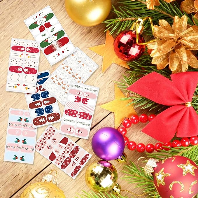 JERCLITY 224 Pieces 16 Sheets Christmas Nail Polish Strips Christmas Nail Wraps for Short Nails Christmas Tree Snowflake Snowman Gel Nail Strips Self-Adhesive Nail Stickers Full Nail Wraps for Women