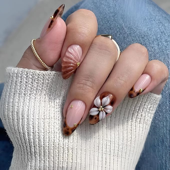 24Pcs French Tip Fake Nails Medium Almond Press on Nails Brown Glossy Glue on Nails 3D Flower False Nails with Rhinestones Design Leopard Print Stick on Nail for Women Decorations Set