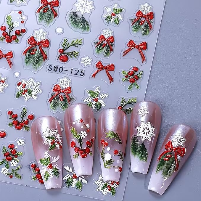 6Pcs Christmas Nail Art Stickers 3D Embossed Christmas Holly Bow Nail Decals Self Adhesive Winter Nail Supplies Xmas Design Snowflake Nail Stickers for Women New Year DIY Manicure Art Accessories