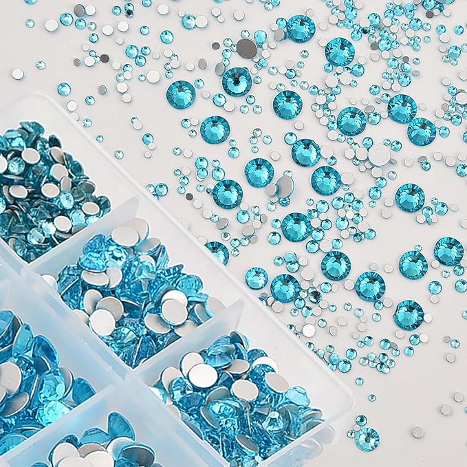NCB 8000pcs Non Hotfix Rhinestones 10 Sizes Flatback Crystal Glass Rhinestones with Tweezers and Picking Pen for Nail Art Clothes Bags Phone Decorations Crafts DIY (004 Aquamarine Mix SS3-SS30)