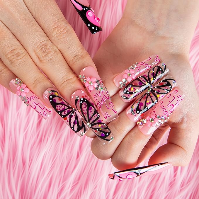 LOVFUL Press on Nails Pink Flutter| Handmade Acrylic Press ons| Reusable Fake False Nails| Square Mid length 1.7in| H723-M