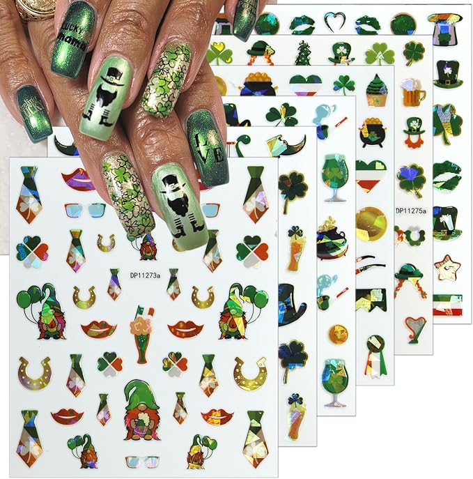 6 Sheets St. Patrick's Day Nail Art Stickers for Nail 3D Self Adhesive Laser Shamrock Nails Stickers Rainbow Golden Jar Gnome Design Irish Nail Decals Nails Art Supply for St. Patricks Day Manicure