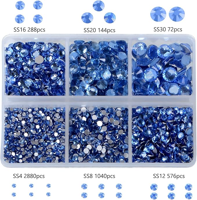 Bymitel 5000 Pieces 6 Mixed Sizes Glue Fix on Glass Rhinestones Round Crystal Gems Flatback for DIY Jewelry Making with one Picking Pen(6-Sizes 5000PCS, Lt. Sapphire)