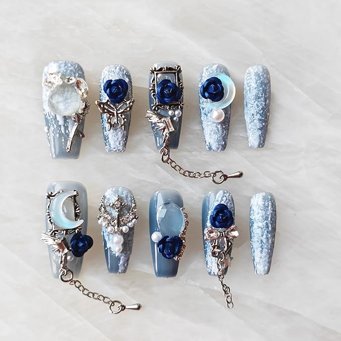 Handmade Press On Nails, 3D Blue Rose Design with Moon Charms, Long Coffin Style, 10 Pieces (Medium,LB)