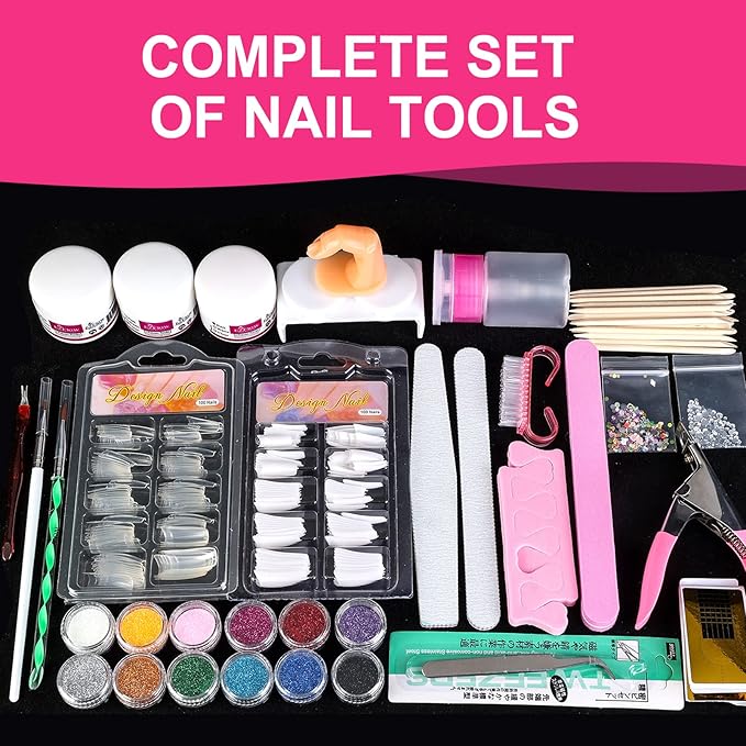 Acrylic Nail Kit for Beginners with Everything 12 Glitter Acrylic Powder, Tips, Decoration Supplies for Professional Nail Art Tools Women DIY Gifts