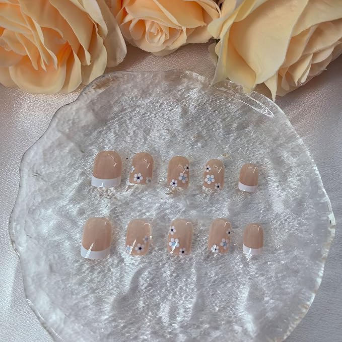Press on Nails Short Square Plastic False Nails 24 Pcs White French Tips Flower Pattern Glossy Finish