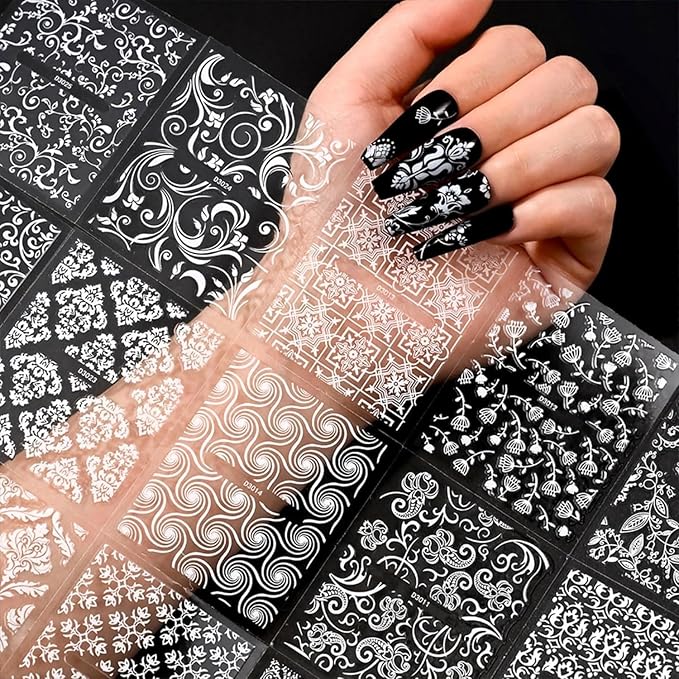 30 Sheets White Art Stickers Decals 3D Self-Adhesive LaceNail Decals Retro Flower Designs Nail Supplies Summer Nail Decoration DIY Nails Accessories for Women