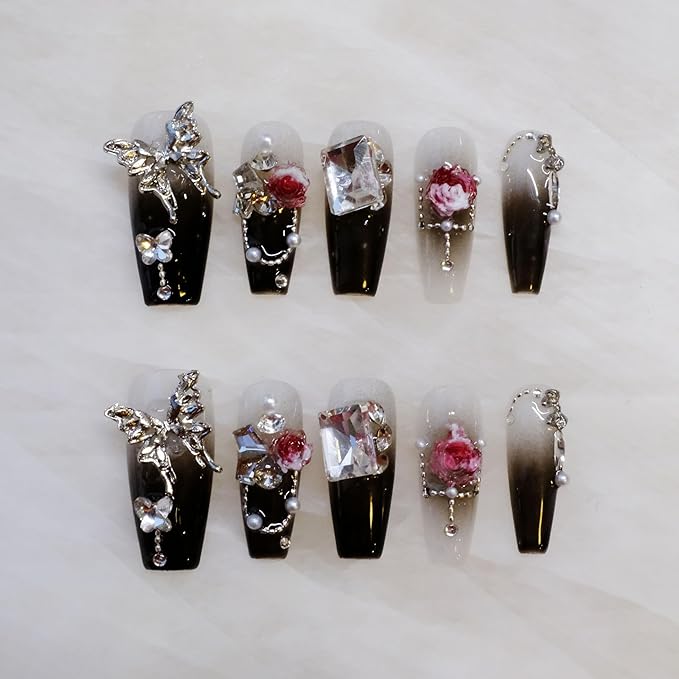 Handmade Press On Nails, Long Coffin Style, Black with 3D Butterfly and Rose Design, 10 Pieces (Small,LB)