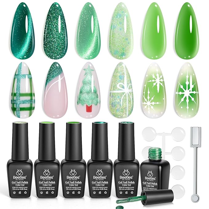 beetles Gel Polish Green Gel Nail Polish Set, St Patrick Day 6 Colors Cat Eye Jelly Glitter for Salon Manicure Nail Art DIY at Home UV LED Needed Gifts for Women Girls Enchanted Forest