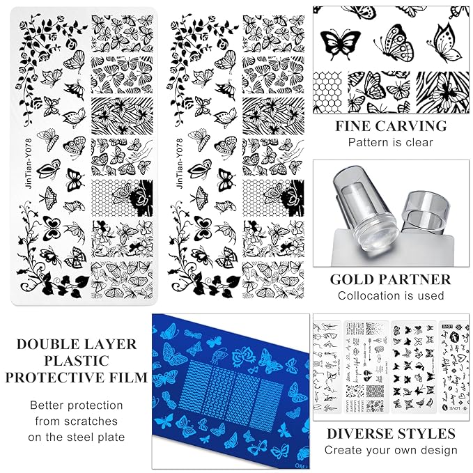 7pc Nail Stamping Plate Kit Butterfly Letter Heart Nails Stamp Plate Geometic Flower Nail Art Template Stencil Fingernail Polish Stamps Plates Set Stamper Scraper French Tips Nails Design Tools