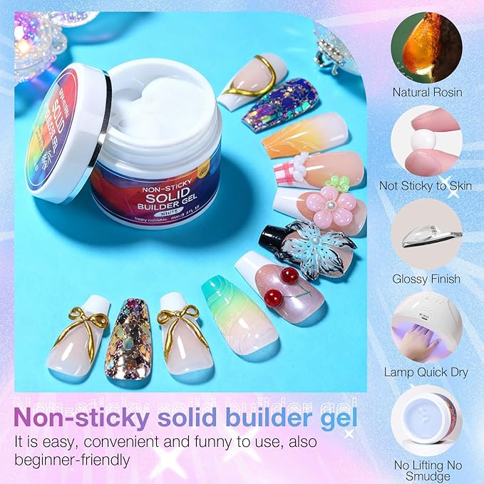 60g Solid Builder Nail Gel with 3D Sculpting Mold, Non-Sticky Hand Carving Gel for Nail Art Extension - Hard Gel for DIY & Salon, UV/LED Cured, Large Capacity (Pearl White)