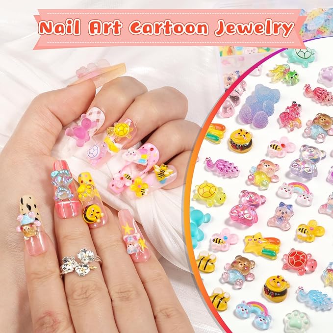 190PCS Animal Nail Charms Kit, 3D Cute Gummy Bear Bee Bunny Resin Charms for Nail Art Design, Kawaii Accessories Bulk with Tweezers for DIY Crafts, Slime, Phone Cases & Crocs