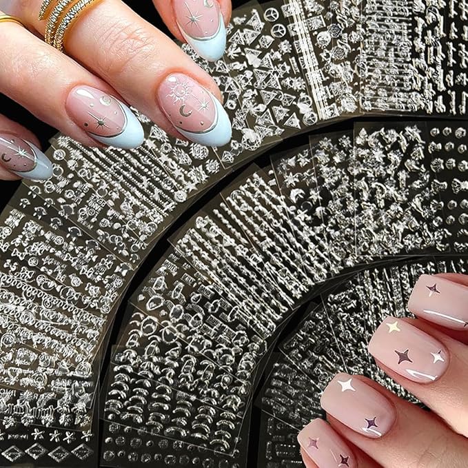 30 Sheets Silver Nail Art Stickers 3D Self Adhesive Sliver Line Nail Decals Heart Star Nail Sticker for Nail Art Silver Nail Design Nail Art Supplies for Women Acrylic Nails Decoration