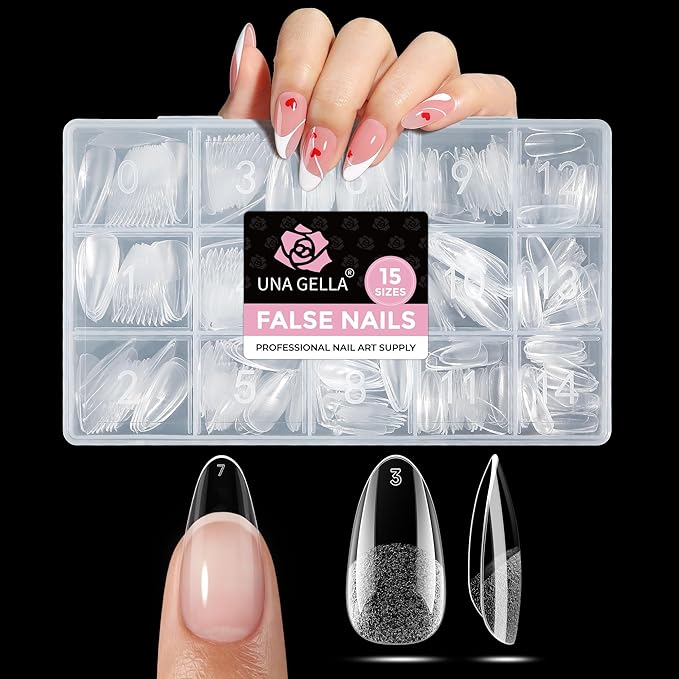 UNA GELLA Almond Nail Tips Medium 15 Sizes 300PCS Pre-Etched Gel Acrylic Nail Tips Almond Shape Easy Salon Press On Nails Long-Lasting Hold Full Cover Fake False Nails Snug Fit