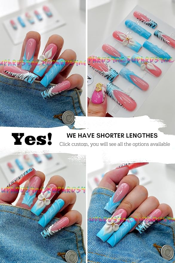 10PCS Pink and Blue Press On Nails – Long Coffin Fake Nails with Zebra Print, 3D Flower Charms & Swirl Design, Glossy Reusable Y2K Summer Nails for Women and Girls – Euphrosyne