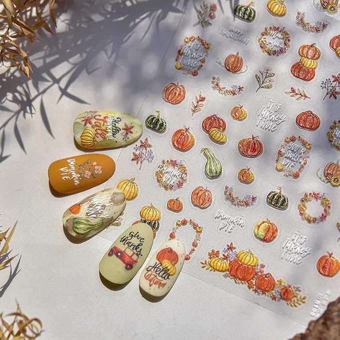 Pumpkin Nail Stickers Fall 3D Self-Adhesive Garland Nail Art Stickers Flower Nail Decals 5D Embossed Green Pumpkin Nails Designs Thanksgiving Nail Sticker for Women Girls Manicure 1 Sheet