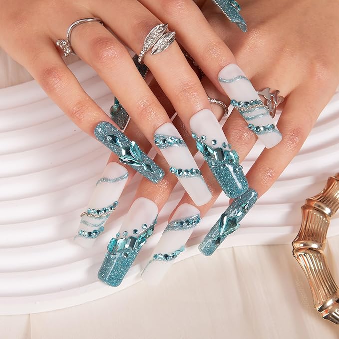 LOVFUL Press on Nails Breakfast at| Handmade with Full Covered Crystals| Reusable Fake Nails| Square Mid length 1.7in| H41-S