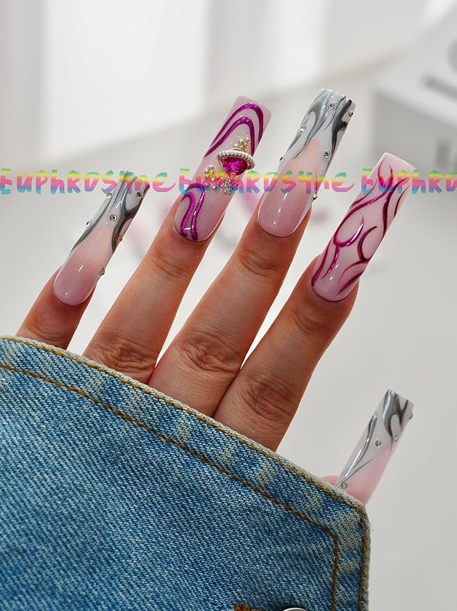 10PCS Pink Marble Press On Nails – Long Coffin Fake Nails with Abstract Swirl Design and Rhinestones, Glossy Reusable Y2K Nails for Women and Girls – Euphrosyne