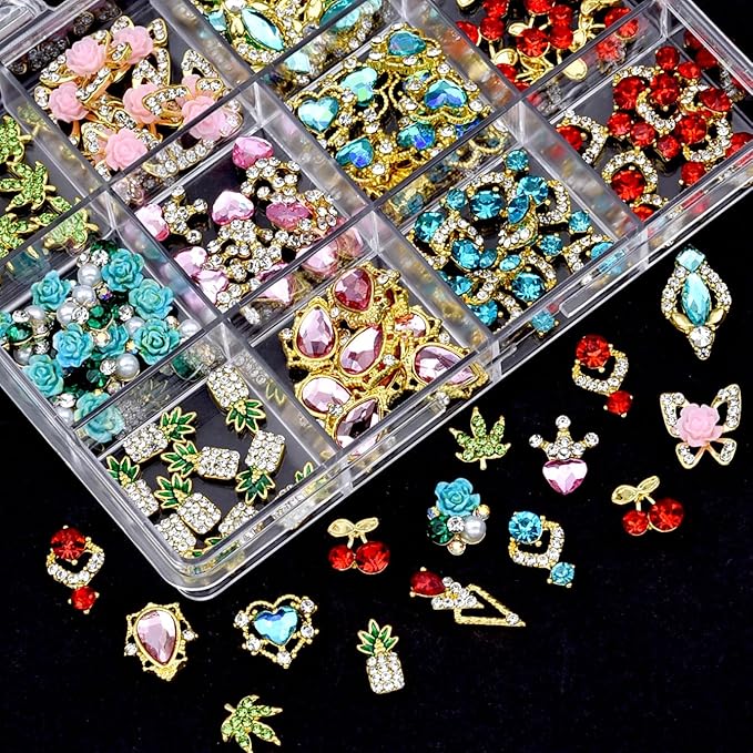 120PCS Y2k Nail Charms and Gems - Gold Red Nail Jewelry Cherry, Pink Heart Flower Butterfly Shiny Nail Rhinestone Pineapple,Nail Falls Charms Green Leaf for DIY Nail Art Design,Acrylic Nails Supplies