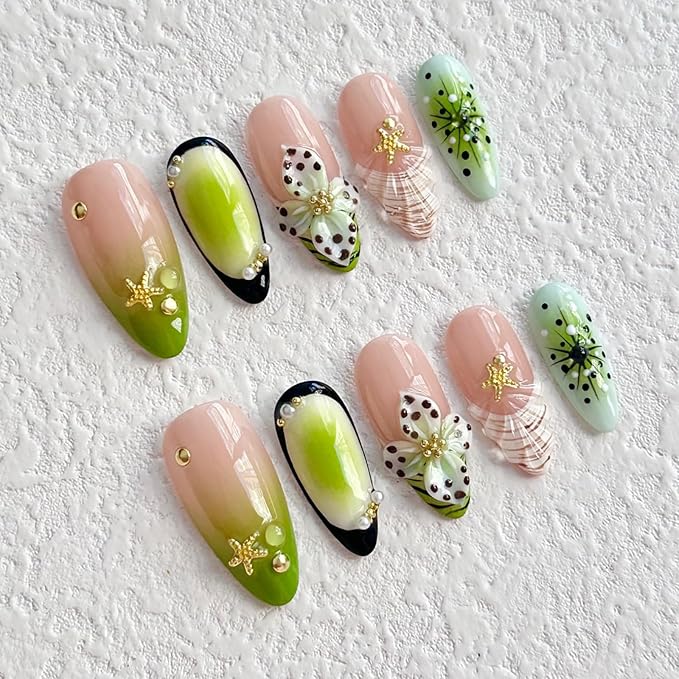 Luxury Press on Nails Medium Almond Handmade 3D Unique Reusable ABS Material Fake Nails Green French Tip False Nails with Designs Starfish Floral Art Petal Glossy Glue on Nails Thick Acrylic Nails(M)