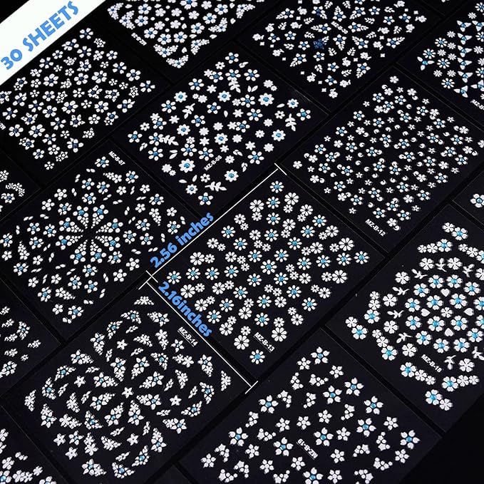 Zoance 90 Sheets Gold Nail Art Stickers & Storage Book,5000 Pieces 3D Self-Adhesive White Floral Nail Stickers with Blue Rhinestones Designs,Multicolor Nail Decals for Women Girls Manicure Decorations