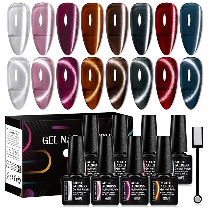 MEET ACROSS Magnetic Cat Eye Gel Polish, Cat Eye Gel Nail Polish, Long-Lasting, Multi-Color Shift, UV/LED Soak Off Varnish for Home Salon Manicures Nail Art