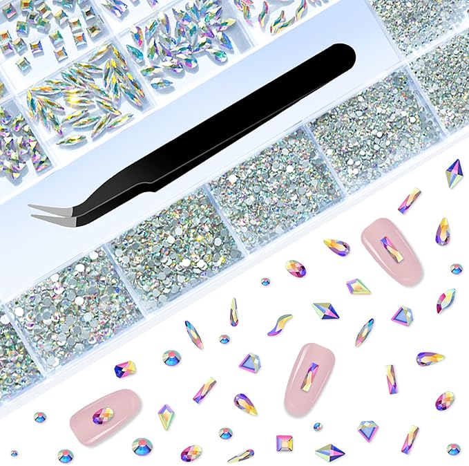 Glass Crystal AB Nail Jewels & Flatback Rhinestones Kit - Multi Shape Nail Gems & Diamonds 3D Charms with Wax Pencil & Tweezers