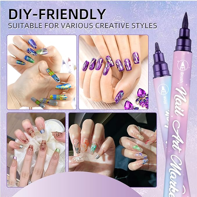 Metallic Nail Art Pens Set, 10 Colors Double-Ended Nail Design Markers with Fine & Brush Tip, Quick-Dry Water-Based Paint for DIY Manicure, Salon & Home Nail Art Decoration