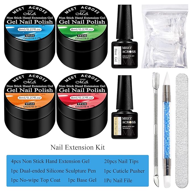 MEET ACROSS All-in-One Extension Mini Kit Non-Sticky Builder Gel Starter Kit WIth Base & Top Coat/Dual-Silicone Pen/Pro File/20-Pc Reusable Dual Forms Salon-Grade Extensions (Blue+Green+Orange+Red)
