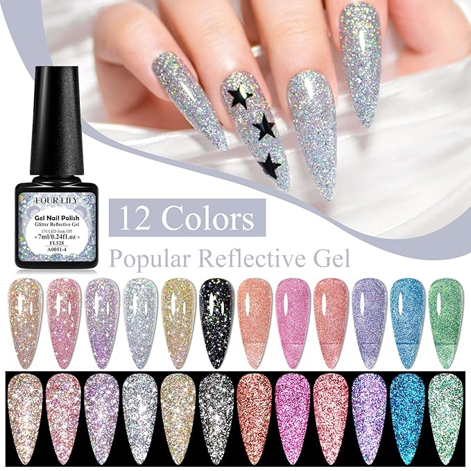 Gel Polish Reflective Glitter Gel Nail Polish Set, 12 Colors Holographic Sparkle Glitter Gel Flash Diamond Sliver Gold Pink Blue UV LED Soak Off Manicure Kit Gift for Women Girls