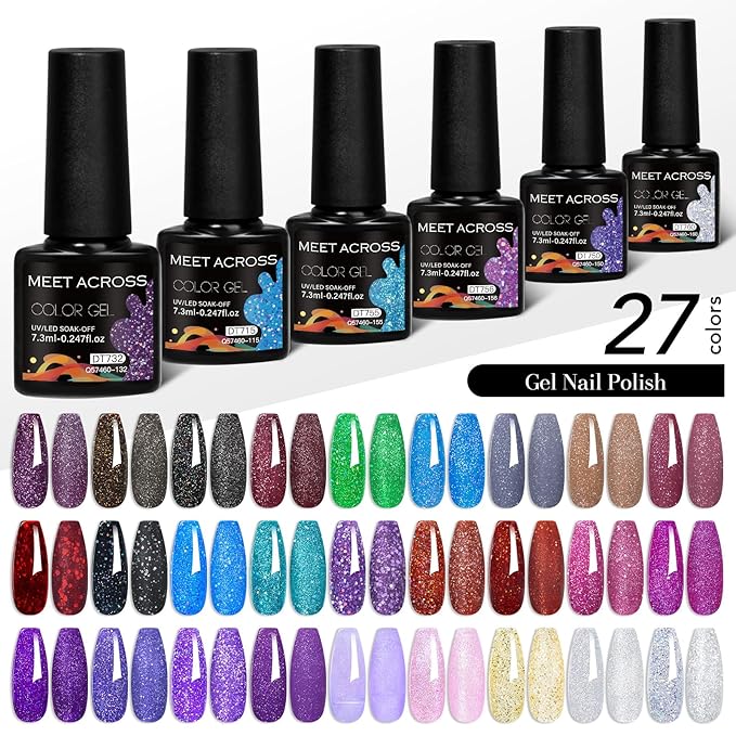 MEET ACROSS 27PCS Gel Nail Polish Set,27 Colors Gel Nail Kit Art Design Soak Off UV LED,Nail Art Design Gifts for Women