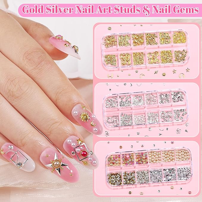 9 Boxes Nail Art Rhinestones Kit with 30 Sheets Nail Art Stickers, Gold Nail Studs Nail Sequins Flatback Pearls Rhinestones for Crafts, Small Fruit Nail Charms Tiny Gems for Nails DIY Decorations