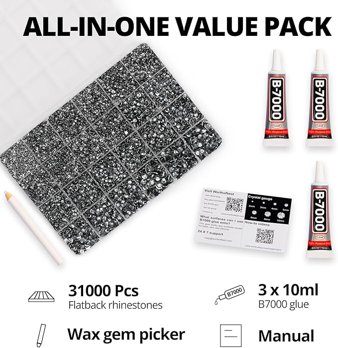 31000Pcs Grey Gray Resin Rhinestones for Bedazzling, 2-6mm Mixed Sizes Flatback Black Diamond Rhinestones, Bedazzled Gems Crystal Jewels Diamonds Bedazzle Set for Crafting Clothes Crafts