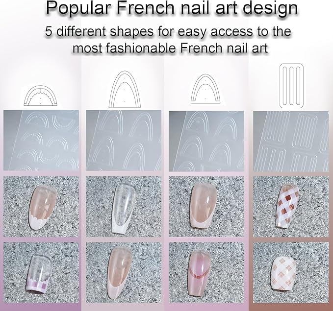 DANNEASY 5 Sheets French Tip Guide Stencil for All Nail Shapes French Manicure Strips Self-Adhesive Frenchs Nail Stickers Decals for Women Girls DIY Decoration Stencil Tools