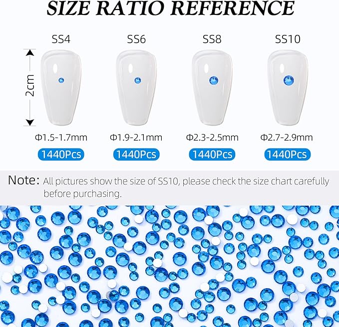Capri Blue Flatback Rhinestones, Glass Rhinestones for Nail Art and Craft, Glue Fix, Loose Crystal Gemstones(Capri Blue, SS8, 1440pcs, 2.3-2.5mm)
