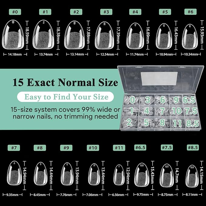 Extra Short Almond Nail Tips - 15 Sizes 330PCS Soft Gel Fake Nails, Half Matte Full Cover Pre-Shaped Clear Press On Acrylic Nails No C Curve for Extension, DIY Home Manicure Beauty Gifts