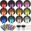 Chrome Nail Powder Set 12 Colors Gold Silver Bronze Chrome Powder for Nails Metallic Nail Glitter Red Green Blue Mirror Rub Pigment with 2PCS Extra Fine White Sugar Powder Nail Design